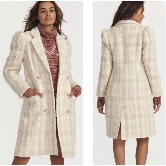 LoveShackFancy Winter White Asryn Tweed‎ Double Breasted Long Coat Size Medium - Picture 1 of 11
